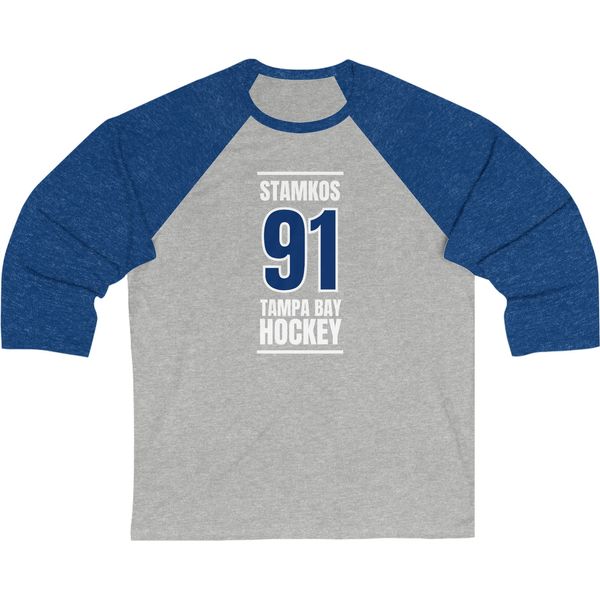 Stamkos 91 Tampa Bay Hockey Blue Vertical Design Unisex Tri-Blend 3/4 Sleeve Raglan Baseball Shirt