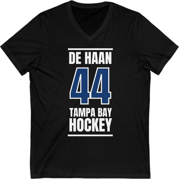 de Haan 44 Tampa Bay Hockey Blue Vertical Design Unisex V-Neck Tee