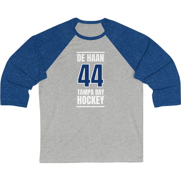 de Haan 44 Tampa Bay Hockey Blue Vertical Design Unisex Tri-Blend 3/4 Sleeve Raglan Baseball Shirt