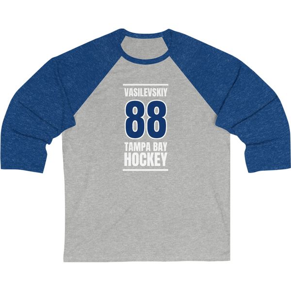 Vasilevskiy 88 Tampa Bay Hockey Blue Vertical Design Unisex Tri-Blend 3/4 Sleeve Raglan Baseball Shirt