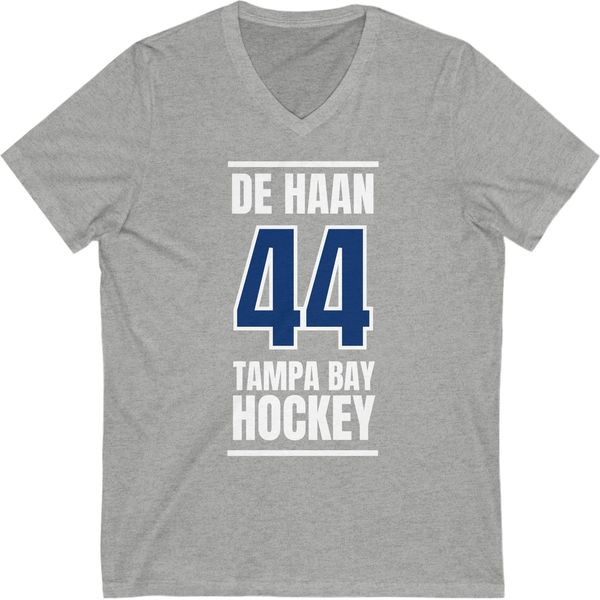 de Haan 44 Tampa Bay Hockey Blue Vertical Design Unisex V-Neck Tee