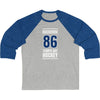 Kucherov 86 Tampa Bay Hockey Blue Vertical Design Unisex Tri-Blend 3/4 Sleeve Raglan Baseball Shirt